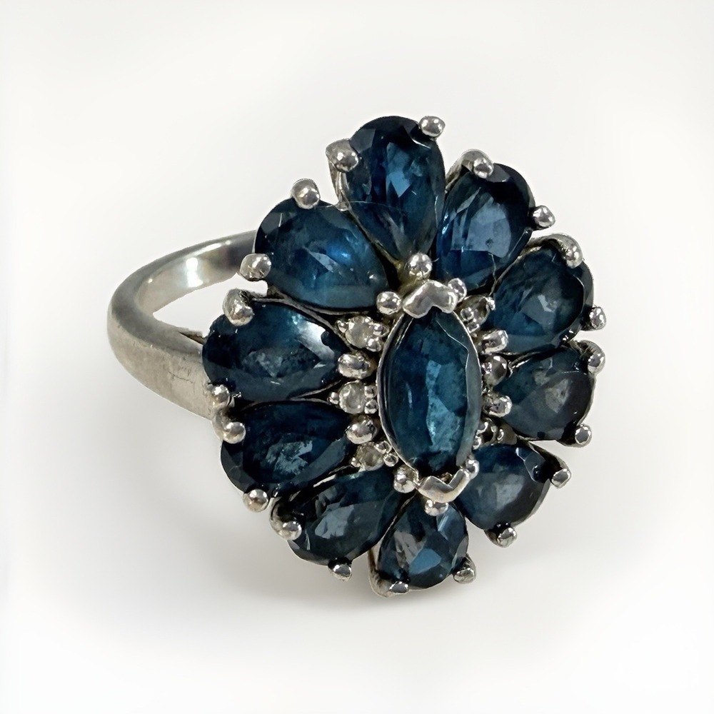Vintage London Blue Topaz Ring Sterling Silver 925 Cluster Marquise Pear 8.5